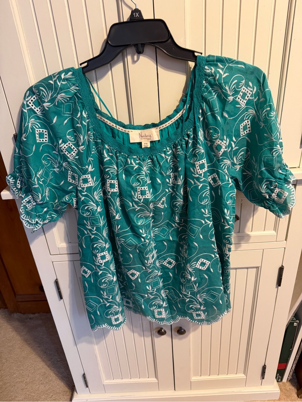 Teal Printed Short-Sleeve Peasant Blouse